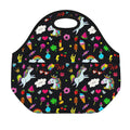 Black Girly Unicorn Pattern Print Neoprene Lunch Bag