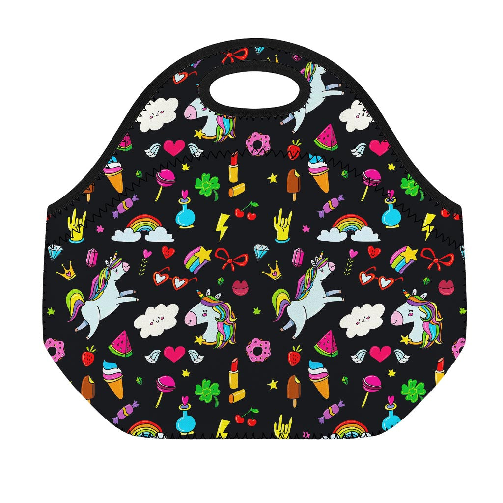Black Girly Unicorn Pattern Print Neoprene Lunch Bag