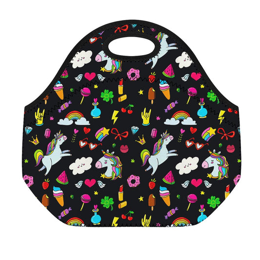 Black Girly Unicorn Pattern Print Neoprene Lunch Bag