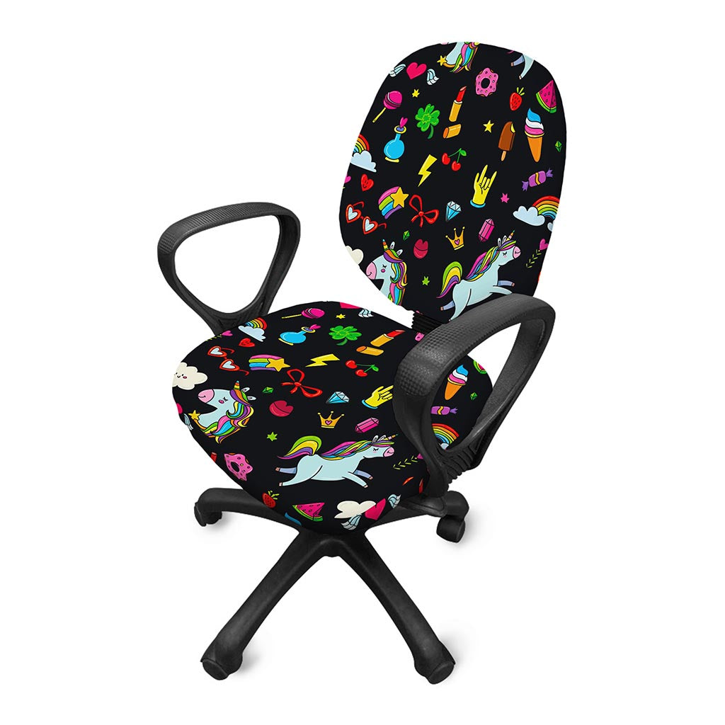 Black Girly Unicorn Pattern Print Office Chair Cover