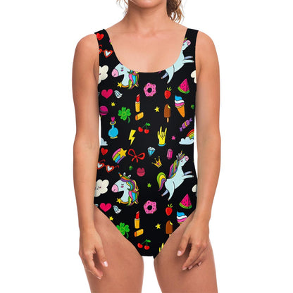 Black Girly Unicorn Pattern Print One Piece Swimsuit