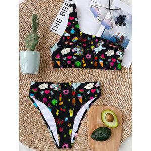 Black Girly Unicorn Pattern Print One Shoulder Bikini Top