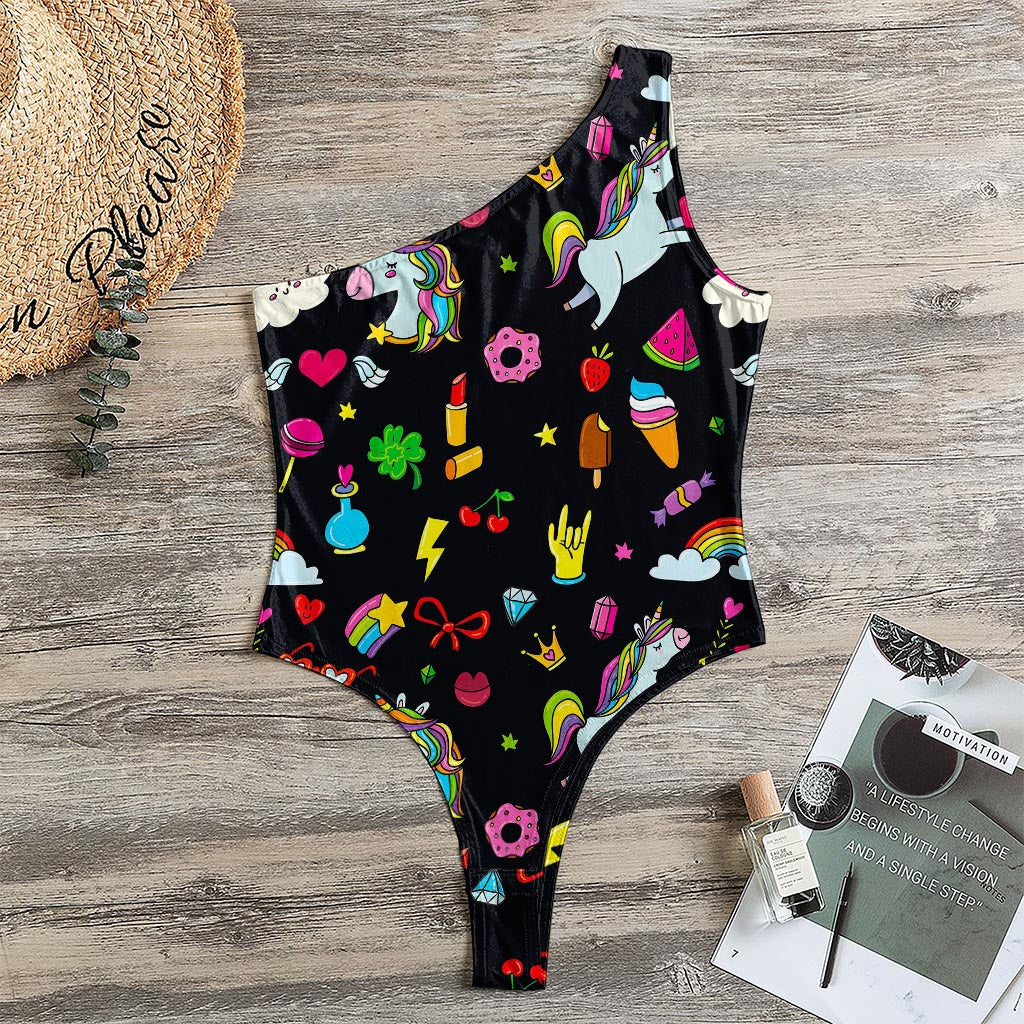 Black Girly Unicorn Pattern Print One Shoulder Bodysuit