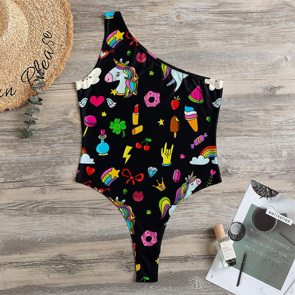 Black Girly Unicorn Pattern Print One Shoulder Bodysuit