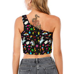 Black Girly Unicorn Pattern Print One Shoulder Crop Top