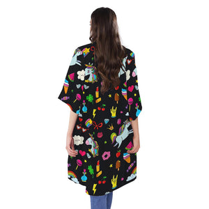 Black Girly Unicorn Pattern Print Open Front Beach Cover Up