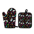 Black Girly Unicorn Pattern Print Oven Mitt And Pot Holder Set