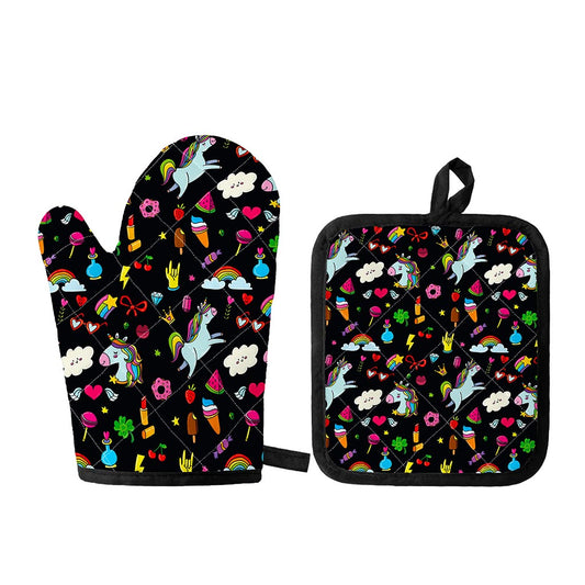 Black Girly Unicorn Pattern Print Oven Mitt And Pot Holder Set