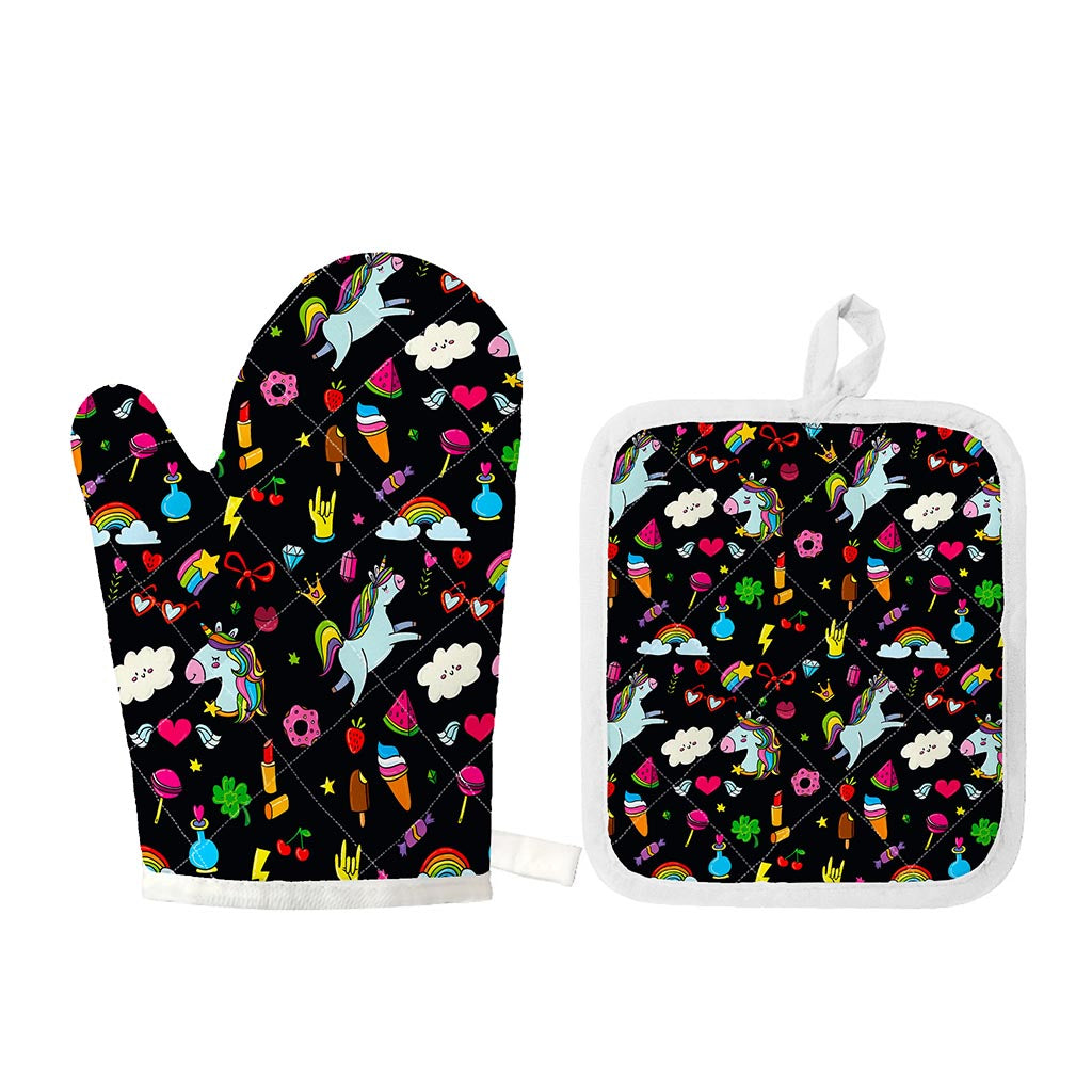 Black Girly Unicorn Pattern Print Oven Mitt And Pot Holder Set