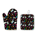 Black Girly Unicorn Pattern Print Oven Mitt And Pot Holder Set