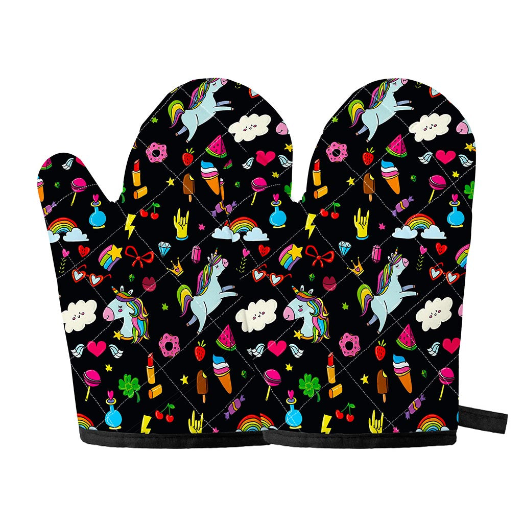 Black Girly Unicorn Pattern Print Oven Mitts