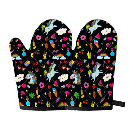 Black Girly Unicorn Pattern Print Oven Mitts