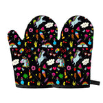 Black Girly Unicorn Pattern Print Oven Mitts