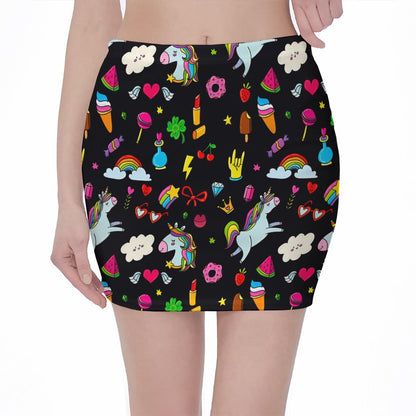 Black Girly Unicorn Pattern Print Pencil Mini Skirt