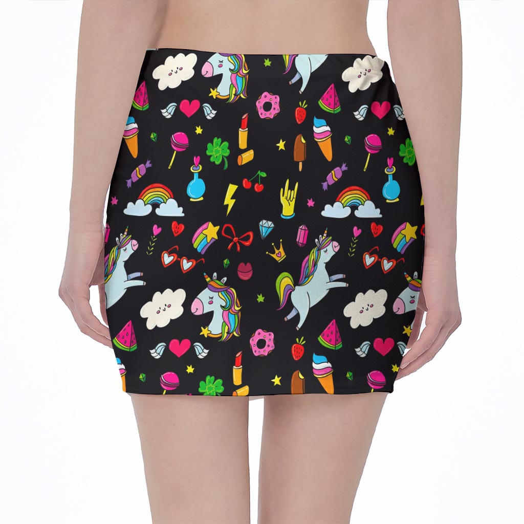 Black Girly Unicorn Pattern Print Pencil Mini Skirt
