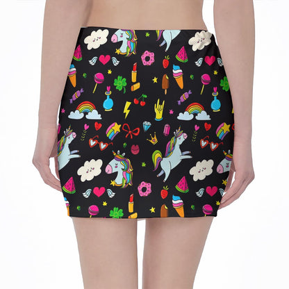 Black Girly Unicorn Pattern Print Pencil Mini Skirt
