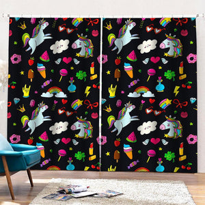 Black Girly Unicorn Pattern Print Pencil Pleat Curtains