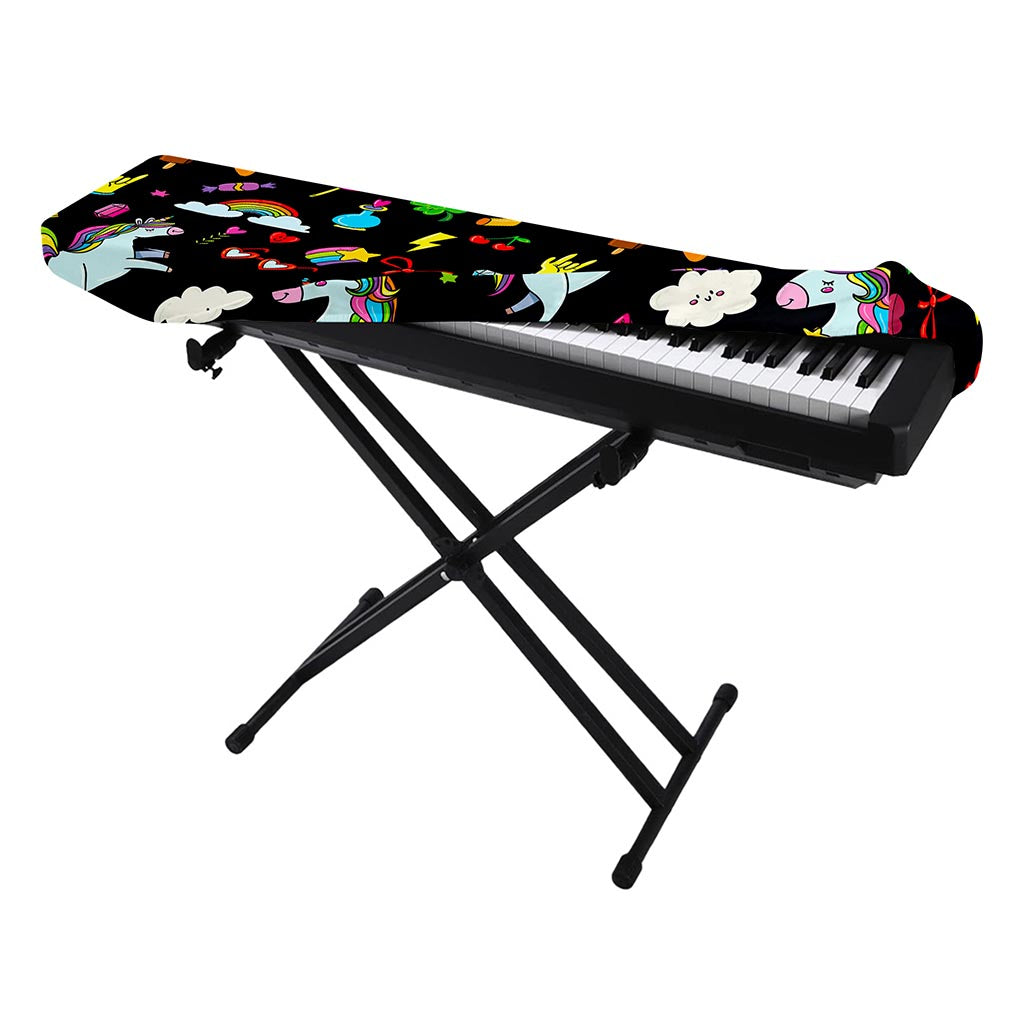 Black Girly Unicorn Pattern Print Piano Keyboard Cover