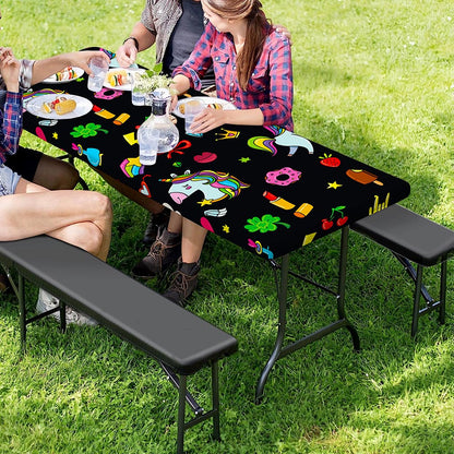 Black Girly Unicorn Pattern Print Picnic Table Cover