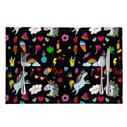 Black Girly Unicorn Pattern Print Placemat