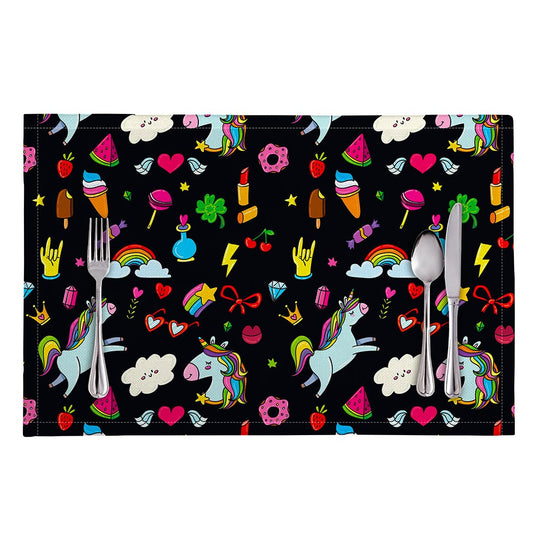 Black Girly Unicorn Pattern Print Placemat