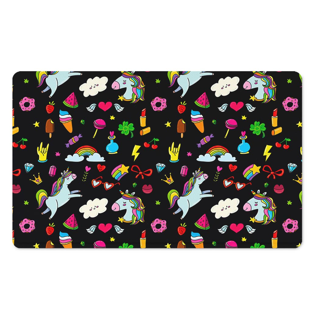 Black Girly Unicorn Pattern Print Polyester Doormat