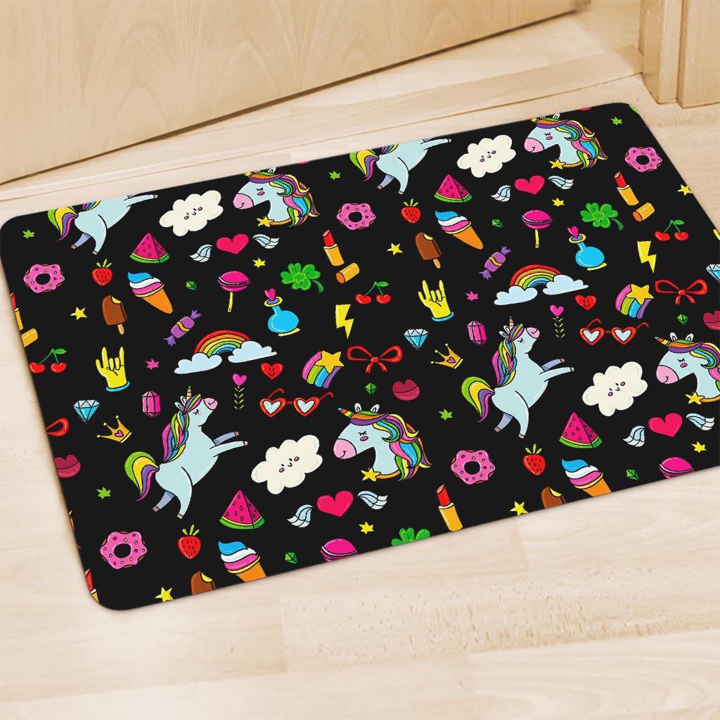 Black Girly Unicorn Pattern Print Polyester Doormat