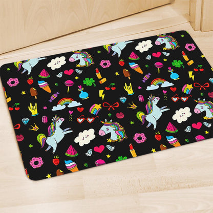 Black Girly Unicorn Pattern Print Polyester Doormat