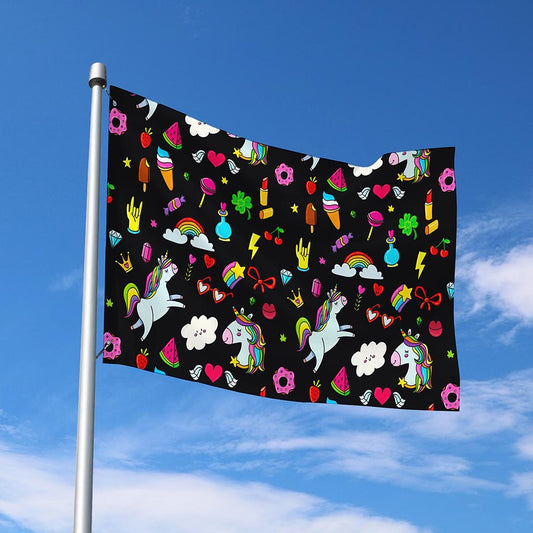 Black Girly Unicorn Pattern Print Polyester Flag