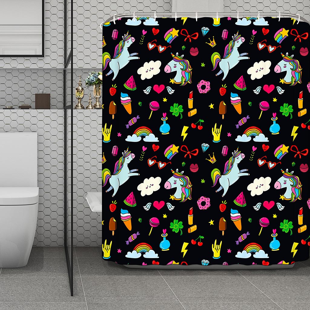 Black Girly Unicorn Pattern Print Polyester Shower Curtain