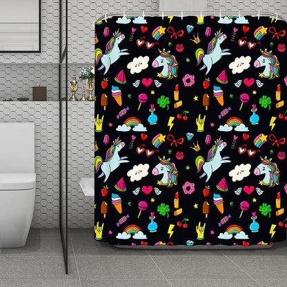 Black Girly Unicorn Pattern Print Polyester Shower Curtain