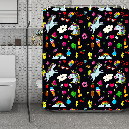 Black Girly Unicorn Pattern Print Polyester Shower Curtain