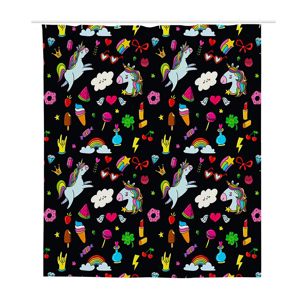 Black Girly Unicorn Pattern Print Polyester Shower Curtain