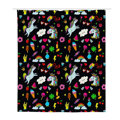 Black Girly Unicorn Pattern Print Polyester Shower Curtain