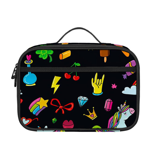 Black Girly Unicorn Pattern Print Portable Lunch Bag