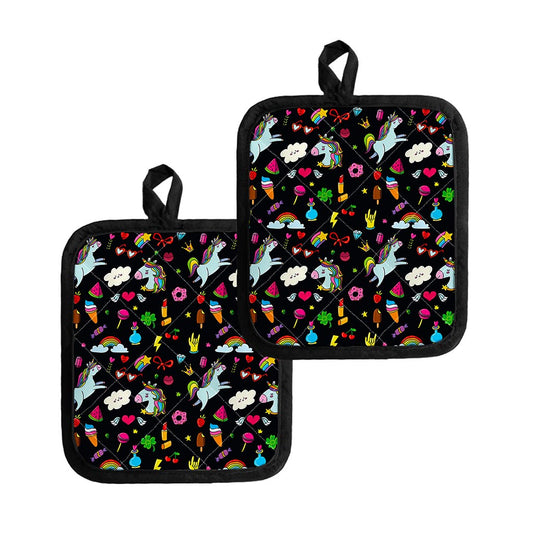 Black Girly Unicorn Pattern Print Pot Holders