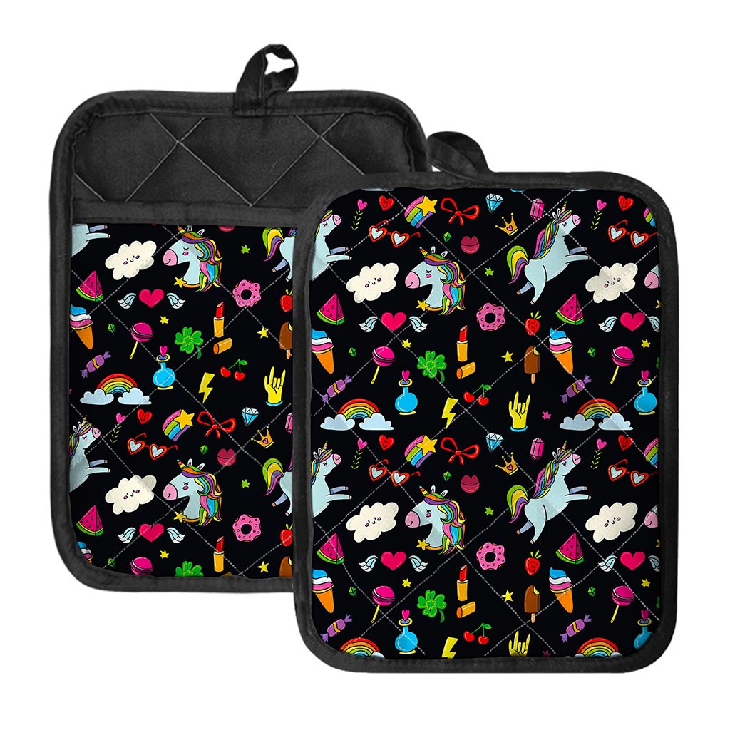 Black Girly Unicorn Pattern Print Pot Holders With Pocket