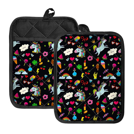 Black Girly Unicorn Pattern Print Pot Holders With Pocket