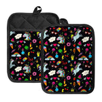 Black Girly Unicorn Pattern Print Pot Holders With Pocket