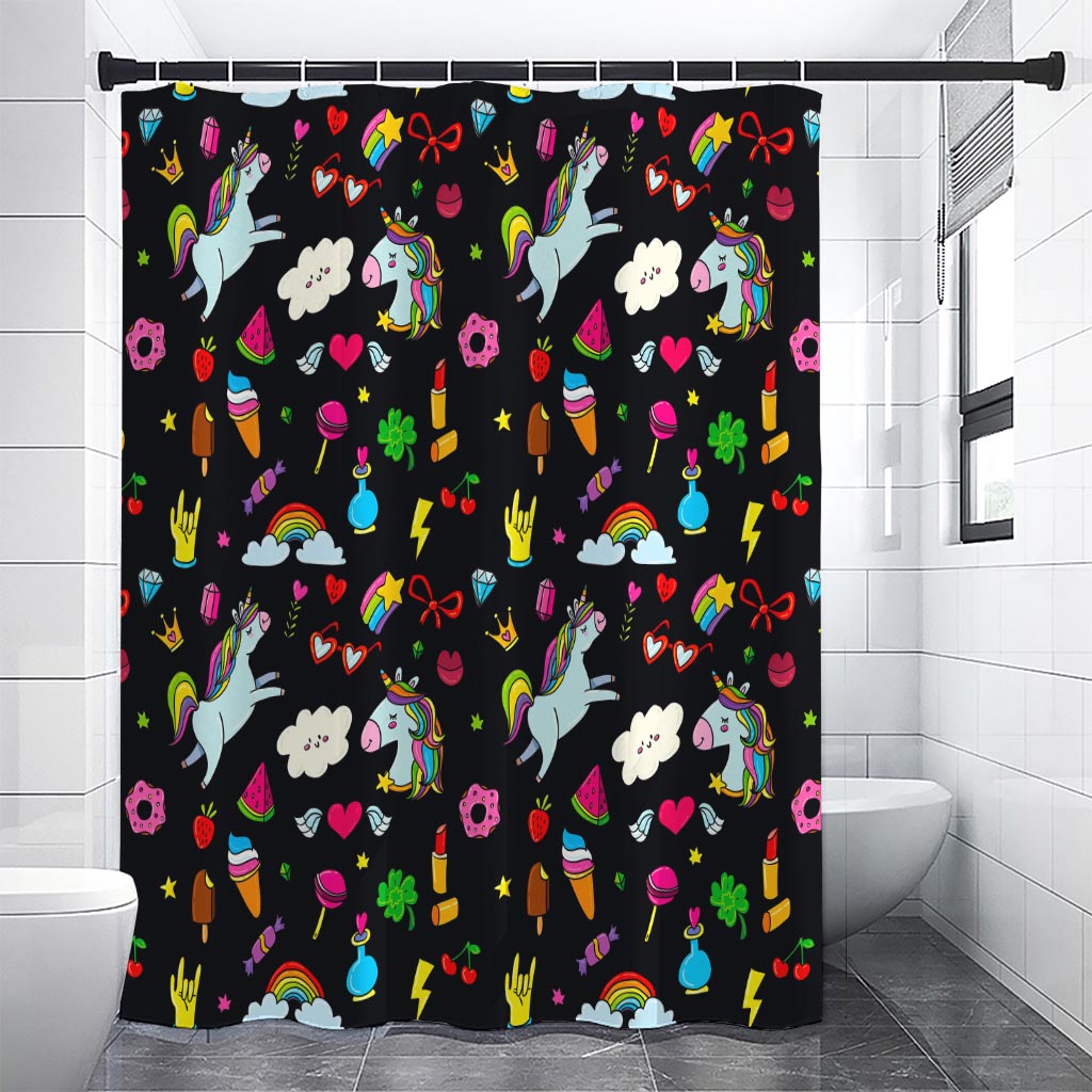 Black Girly Unicorn Pattern Print Premium Shower Curtain