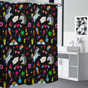 Black Girly Unicorn Pattern Print Premium Shower Curtain