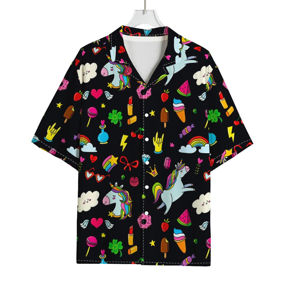 Black Girly Unicorn Pattern Print Rayon Hawaiian Shirt