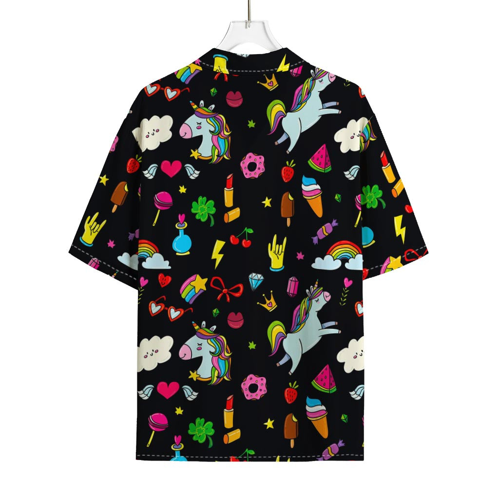 Black Girly Unicorn Pattern Print Rayon Hawaiian Shirt