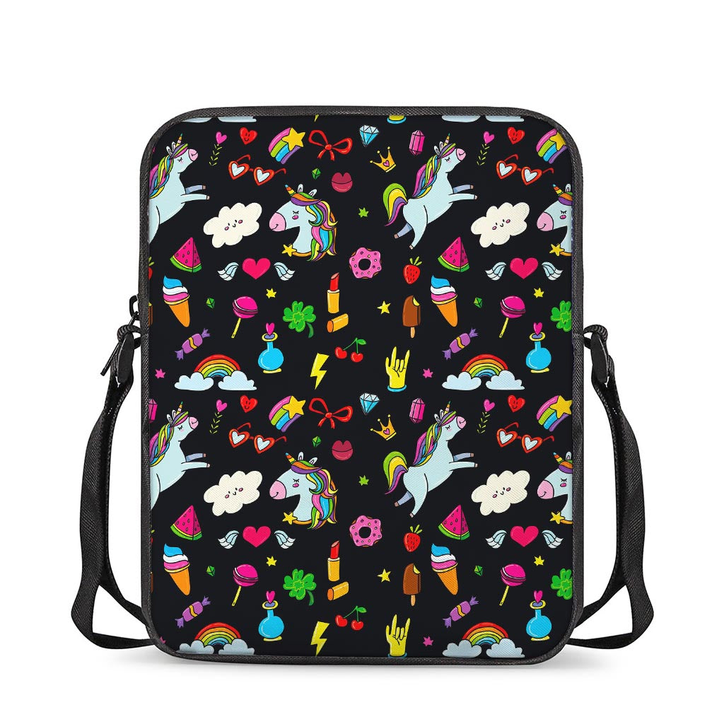 Black Girly Unicorn Pattern Print Rectangular Crossbody Bag