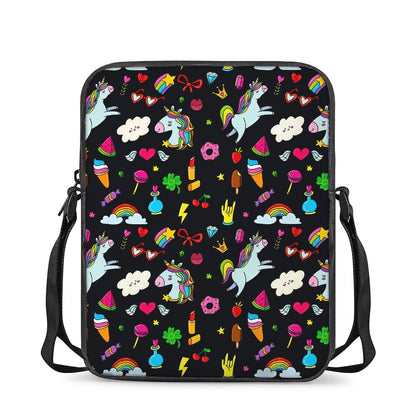 Black Girly Unicorn Pattern Print Rectangular Crossbody Bag