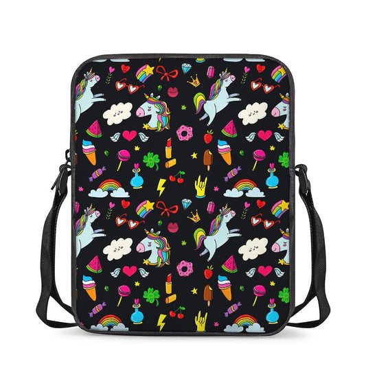 Black Girly Unicorn Pattern Print Rectangular Crossbody Bag