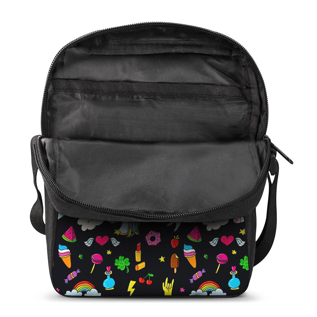 Black Girly Unicorn Pattern Print Rectangular Crossbody Bag