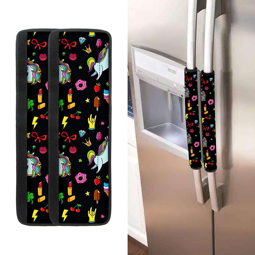 Black Girly Unicorn Pattern Print Refrigerator Handle Covers