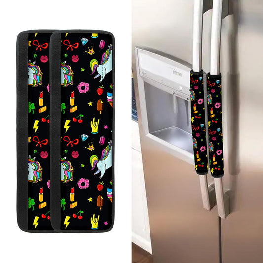 Black Girly Unicorn Pattern Print Refrigerator Handle Covers