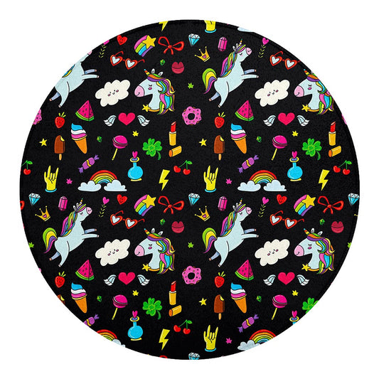 Black Girly Unicorn Pattern Print Round Blanket